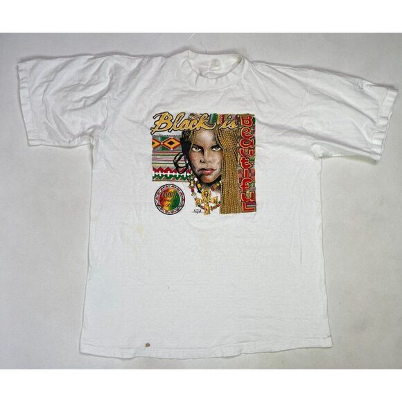 VINTAGE Black Is Beautiful Graphic T-shirt Men XL White Short Sleeve 90s - Picture 1 of 11